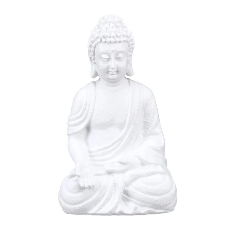 Relaxdays Buddha Statue, 30 cm Height, Garden Decoration, Weather and Frost Resistant, Living Room Deco, White