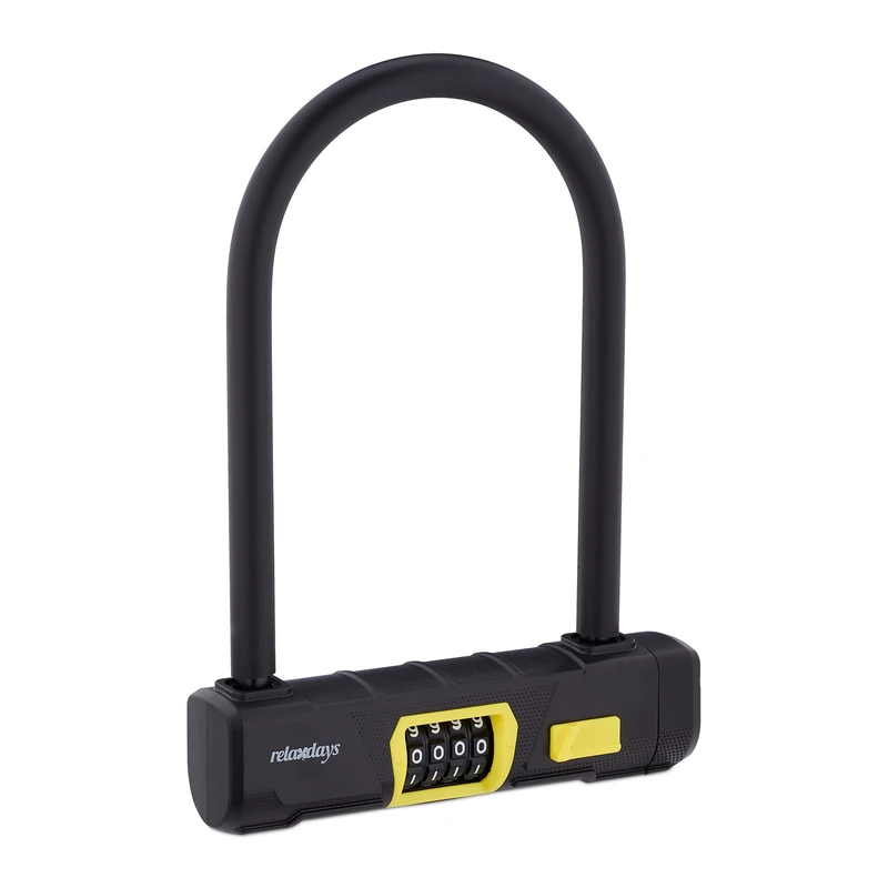 Relaxdays U-Lock with Combination Code, U-Lock for Bike & E-Bike, Combination Lock, Steel, Plastic, Black/Yellow