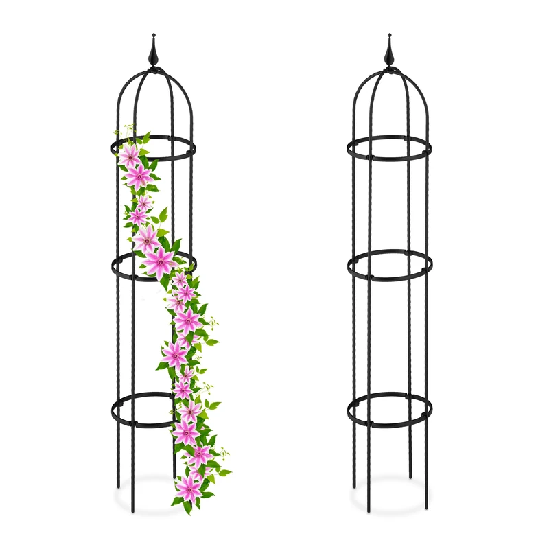 Relaxdays Garden Obelisk, Set of 2, 130 cm Tall, Support for Climbing Plants, Free-Standing, Metal, Rose Cage, Black, Steel