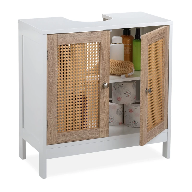 Relaxdays Vanity Unit, 2 Compartments, Siphon Recess, Rattan Doors, Bathroom Cabinet, 61.5 x 60 x 30 cm, White/Natural