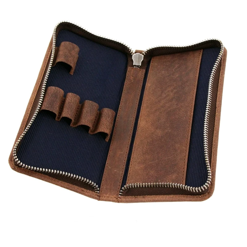 Alassio 2648 - Pen Case for 3 Writing Instruments, Leather Case for Pens, Ballpoint Pens or Fountain Pens, Leather Case with Closure, Leather Writing Instrument Case, Approx. 17.5 x 8 x 2.5 cm, Brown
