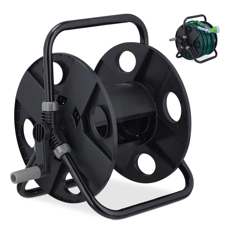 Relaxdays Hose Reel, 30 m 1/2" Hoses, Freestanding, H x W x D: 38 x 42 x 31 cm, Steel, Plastic, Black/Grey