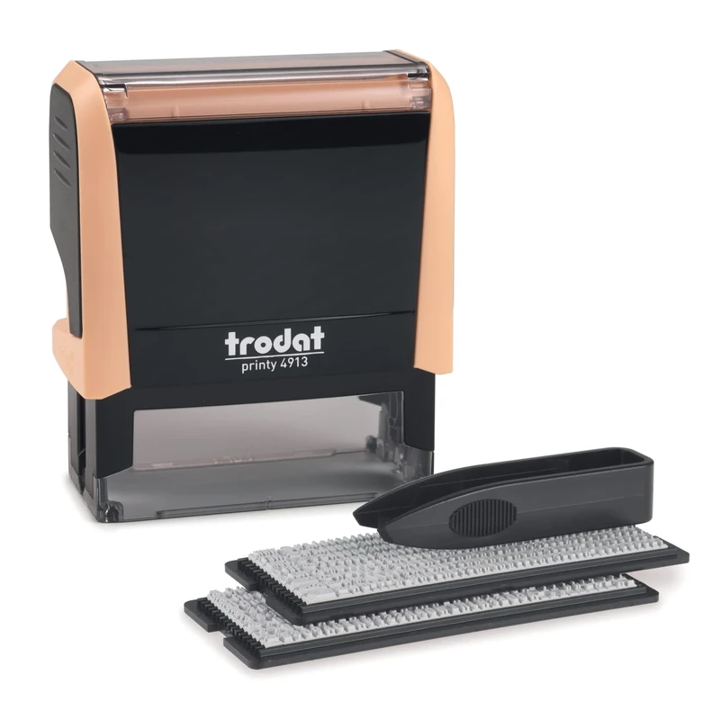 Trodat Printy 4913 Stamp Set in Pastel Cream to Set Yourself – 5 Lines of Text, Imprint 58 x 22 mm, German, Includes Tweezers, Ink Pad Black & Letter and Number Set in Two Sizes