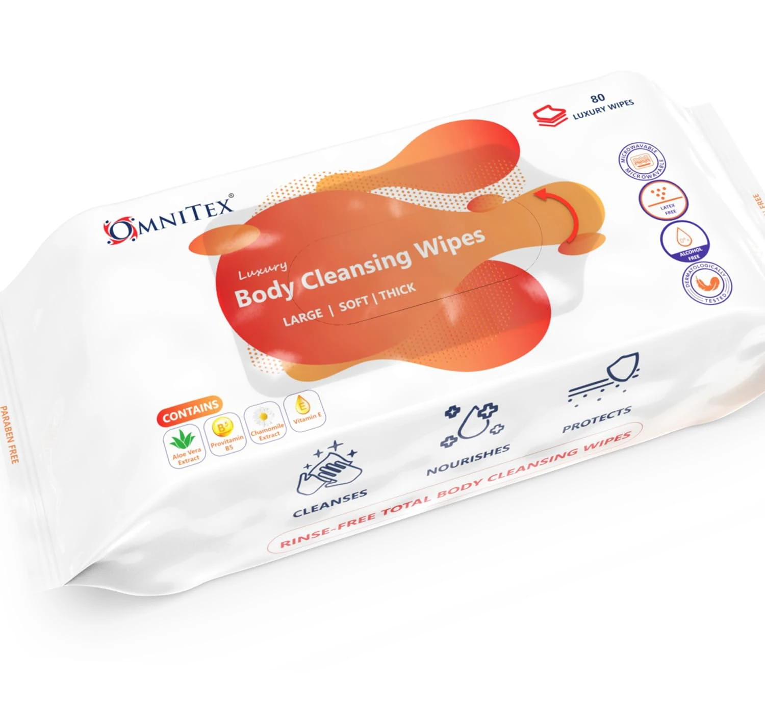 80x Omnitex Thick Luxury Body Cleansing Wipes - Microwaveable | Large Rinse Free Bed Bath Wipes for Elderly | With Aloe Vera & Vitamins | Nourish, Cleanse, Protect | Paraben & Alcohol Free