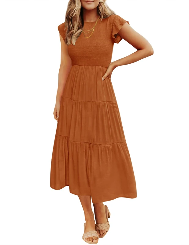 ZESICA Women's 2024 Summer Casual Flutter Short Sleeve Crew Neck Smocked Elastic Waist Tiered Midi Dress, Orange, M