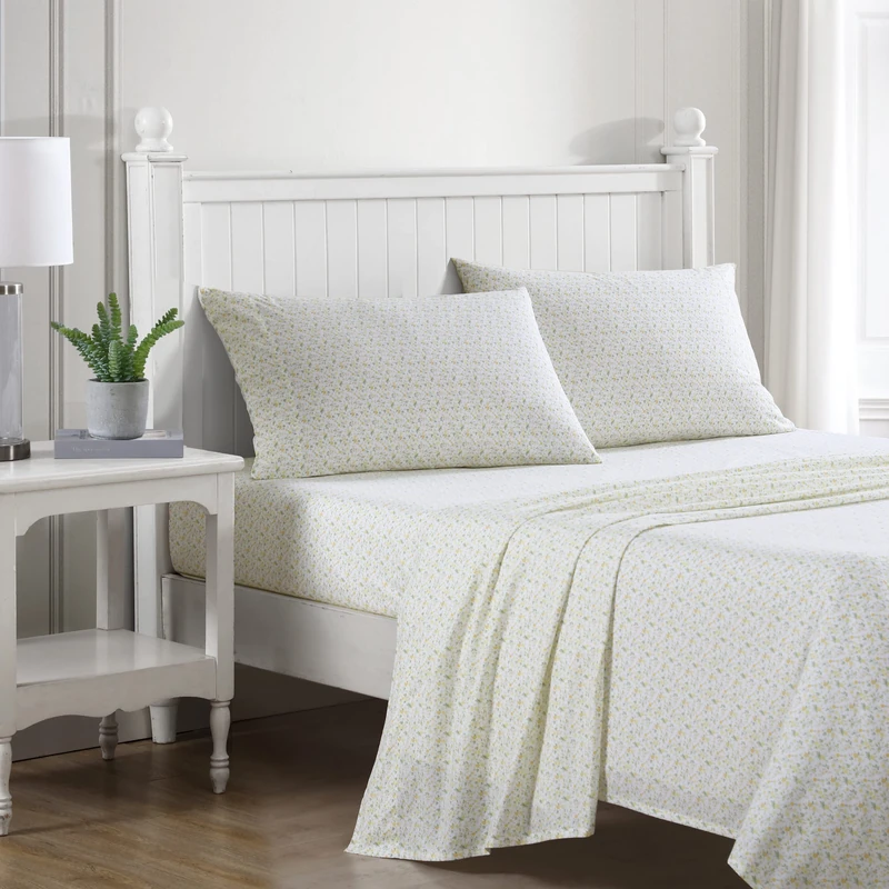Laura Ashley - Twin Sheets, Cotton Percale Bedding Set, Lightweight & Breathable Home Decor, Dorm Room Essentials (Evie Yellow, Twin)