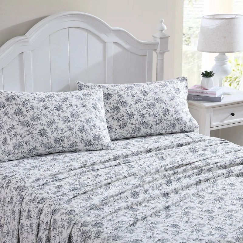 Laura Ashley Home - Full Sheets, Cotton Flannel Bedding Set, Brushed for Extra Softness & Comfort (Black Faye Toile, 4pcs, Full)