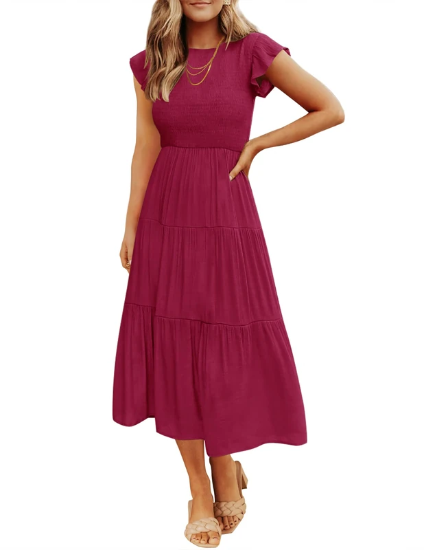 ZESICA Women's 2024 Summer Casual Flutter Short Sleeve Crew Neck Smocked Elastic Waist Tiered Midi Dress, Plum, M