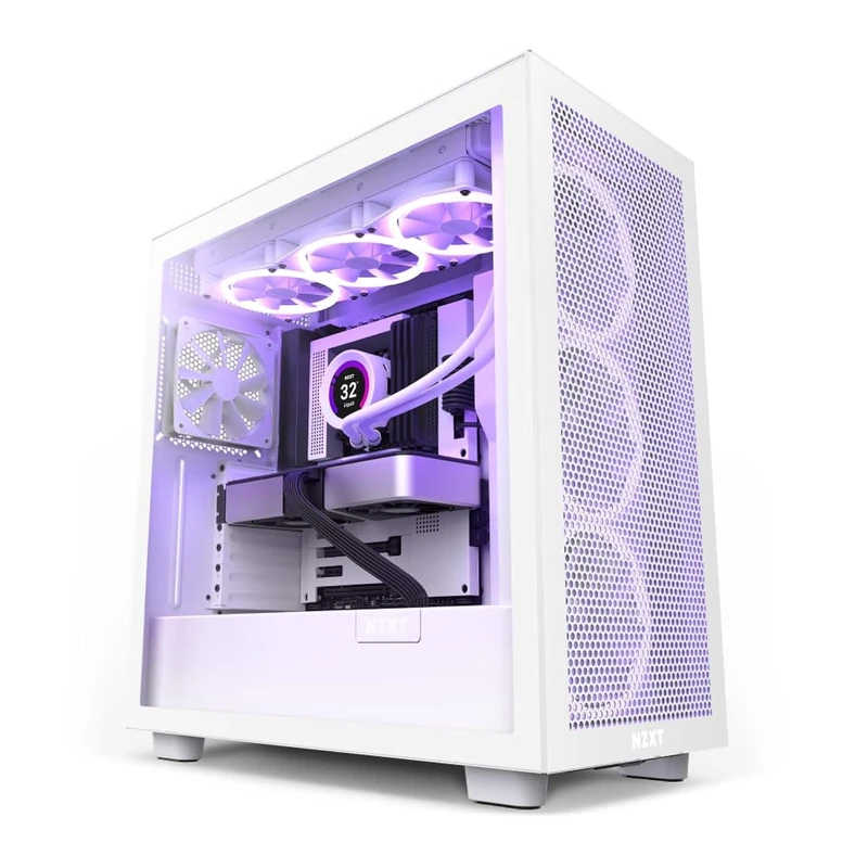 NZXT H7 Flow - CM-H71FW-01 - ATX Mid Tower PC Gaming Case - Front I/O USB Type-C Port - Quick-Release Tempered Glass Side Panel - Vertical GPU Mount - Integrated RGB Lighting - White - Image 1
