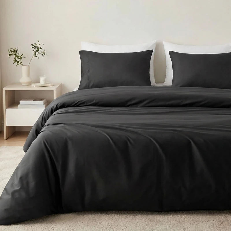 HeimenAogo Egyptian Cotton Duvet Cover Queen Size Sateen Weave, Silky Soft and Breathable Bedding Set with Zipper Closure, Long Staple Cotton Bed Linen Moonless Night Black 3Pcs