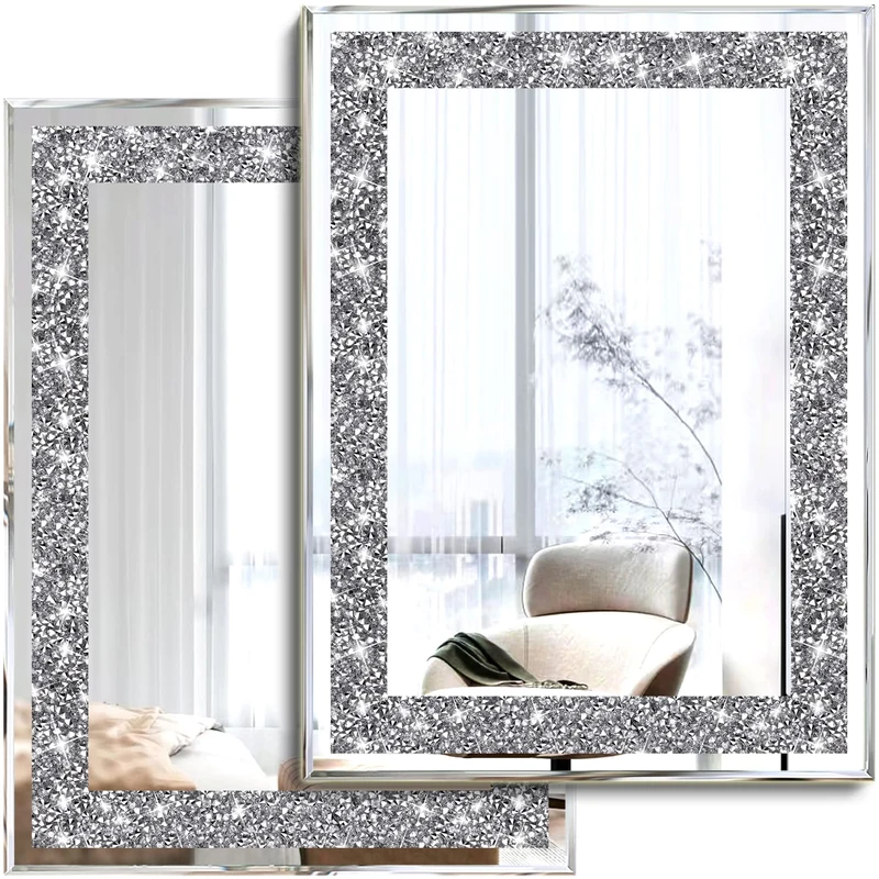 XIHACTY 2 Piece Wall Mirrors, Crush Diamond Wall Décor Silver Decorative Mirrors for Living Room, Bedroom, Bathroom. (11”x15”)