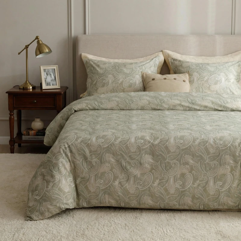 HEIMENAOGO Egyptian Cotton Duvet Cover Queen Size Sateen Weave, Silky Soft and Breathable Bedding Set with Zipper Closure, Long Staple Cotton Bed Linen Boho Paisley 3Pcs
