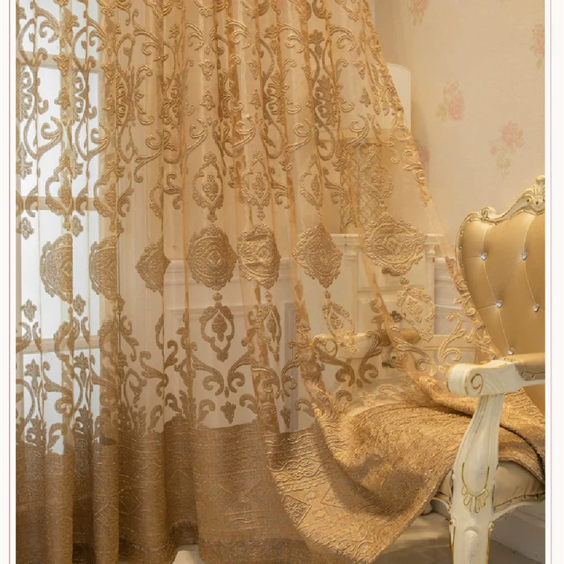 Amidoudou 1 Pair Luxury European Sheer Curtains Hollow Embroidered Tulle Curtains for Bedroom Living Room (Gold,54x90 Inch) - Image 1