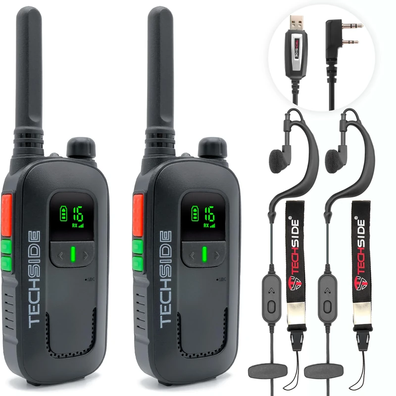 Techside TS-T2 Professional Walkie Talkie with 16 PMR446 Channels (License-Free Use) | 5-Level VOX | Automatic Channel Scan | Earpiece and USB Charger Full Optional | Set of 2 Units