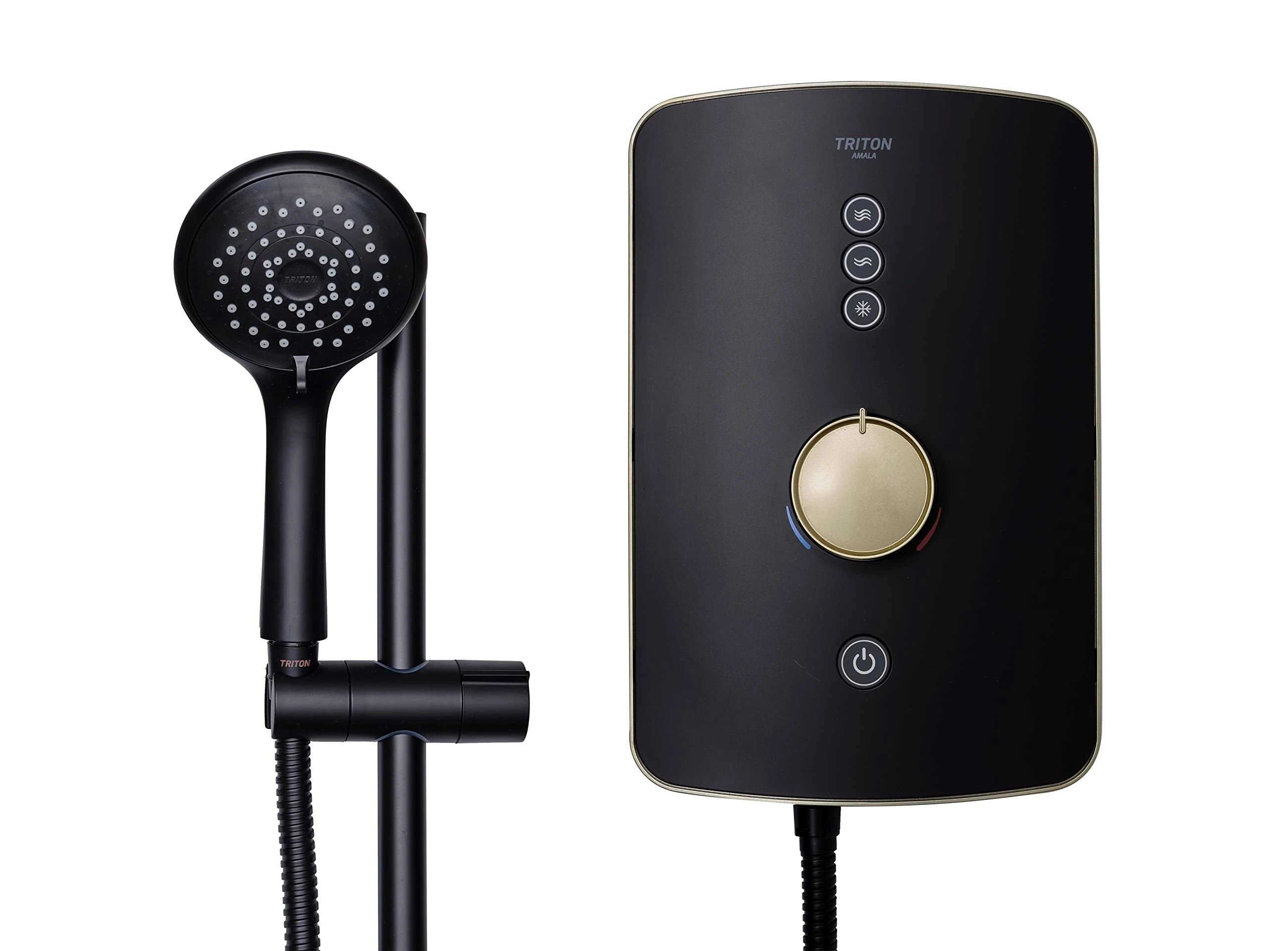 Triton Showers Amala Metallic | Shower Electric | 9.5 KW I Black I Brushed Brass I Electrical Showers | with Showerhead and Anti Twist Hose | Best Electric Shower Units for Bathrooms
