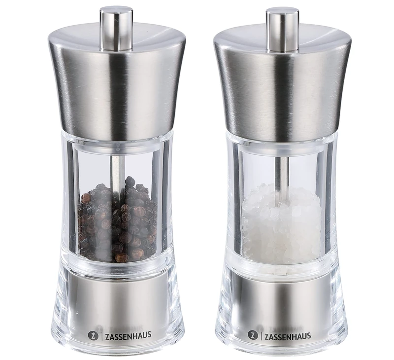 Zassenhaus Aachen Pepper and Salt Mill Set for Self-Filling Diameter 5.8 cm Height 14 cm Stainless Steel Acrylic Container Ceramic Grinder Spice Mill Also for Other Spices