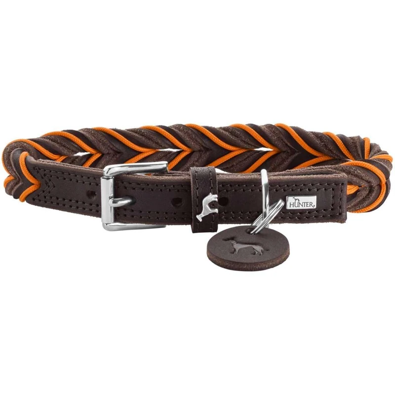 HUNTER Solid Education Cord Dog Collar Dark Brown/Orange Robust Cowhide Leather Hand-Braided Made in Germany Size 60