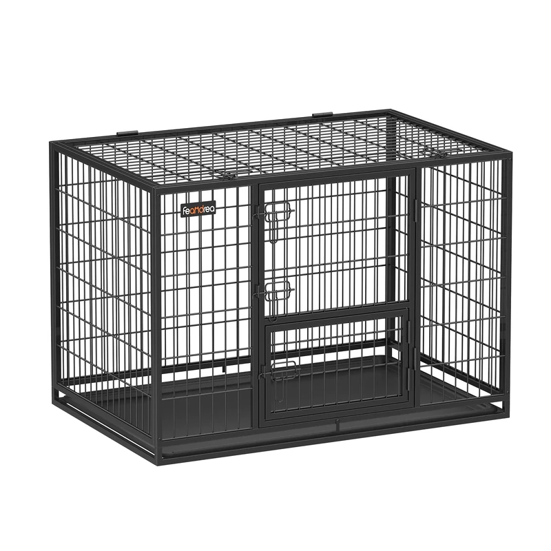 Feandrea Heavy-Duty Dog Crate, Dog Cage, 107 x 70 x 74.9 cm, for Large and Medium Dogs, Double Removable Door, Easy Cleaning, Pet Cage, XL, Black PPD001B01