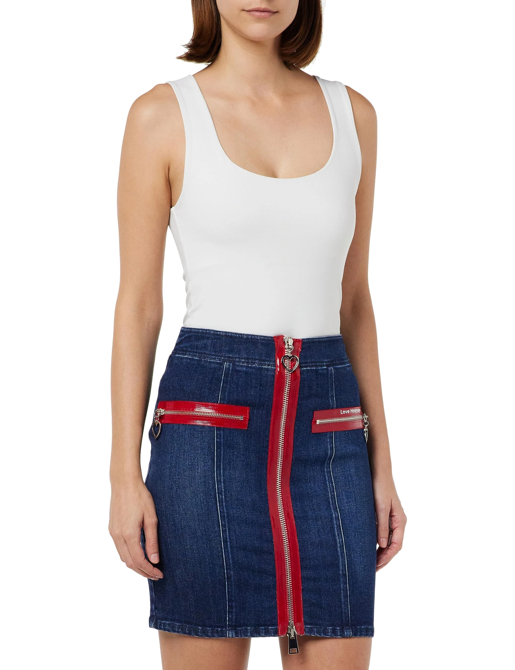 Love Moschino Women's Mini Shirt with Coated zips Skirt, Blue, 20