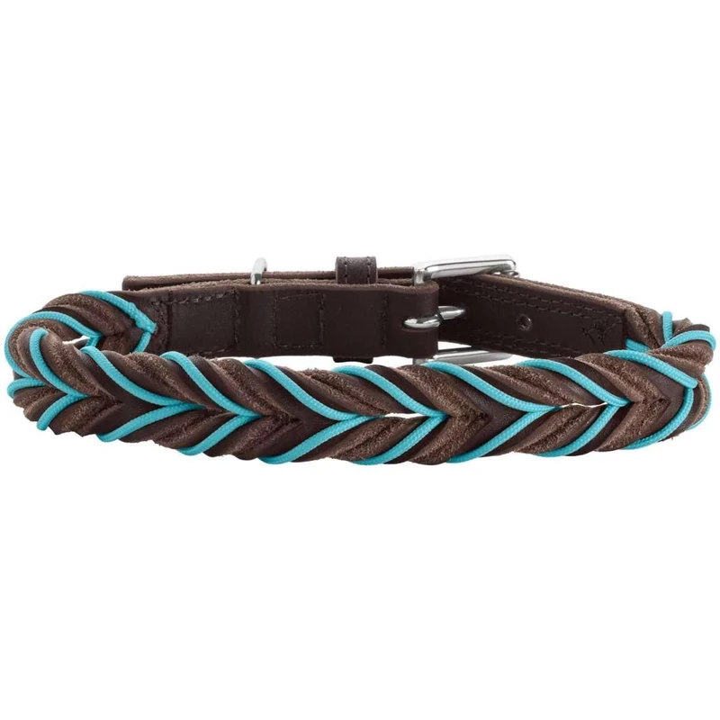 HUNTER Solid Education Corduroy Dog Collar Dark Brown/Turquoise Robust Cowhide Leather Hand-Braided Made in Germany Size 45