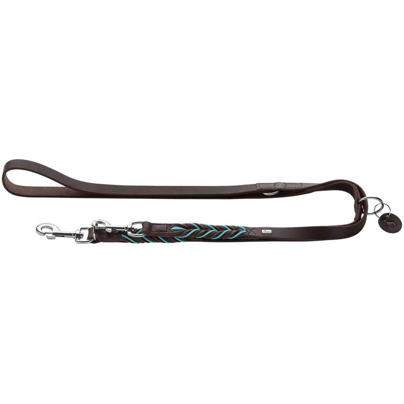 HUNTER Solid Education Cord Adjustable Lead Colour: Dark Brown/Turquoise, Hand Braided, 3-Way Adjustable, Robust Cowhide Leather with Contrast Rope and Leather Pendant, Size 20/200