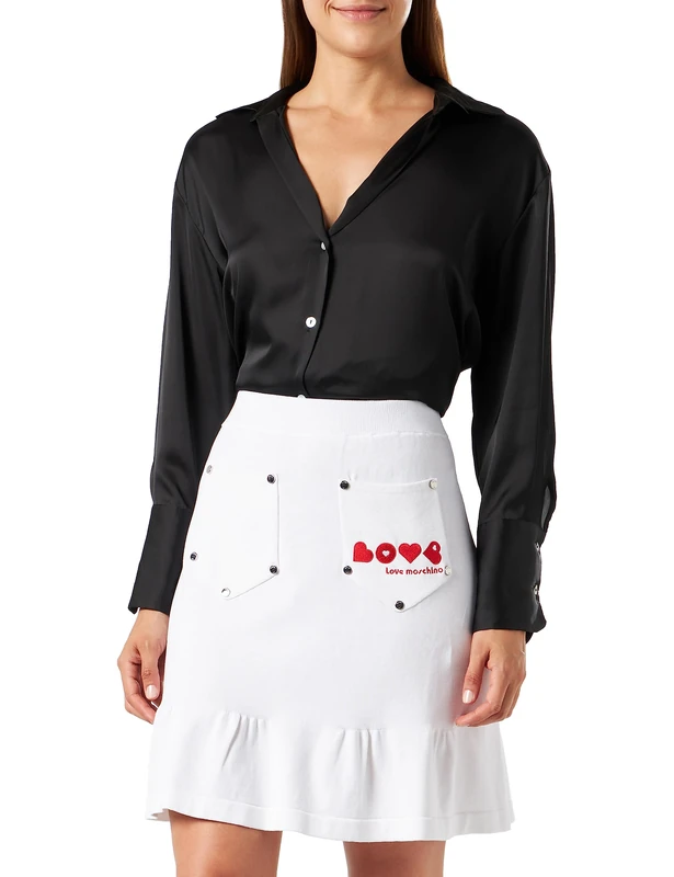 Love Moschino Women's Skirt with Ruffled Flounce with Maxi Logo Rivets and Brand Hearts Embroidery, Optical White, 12