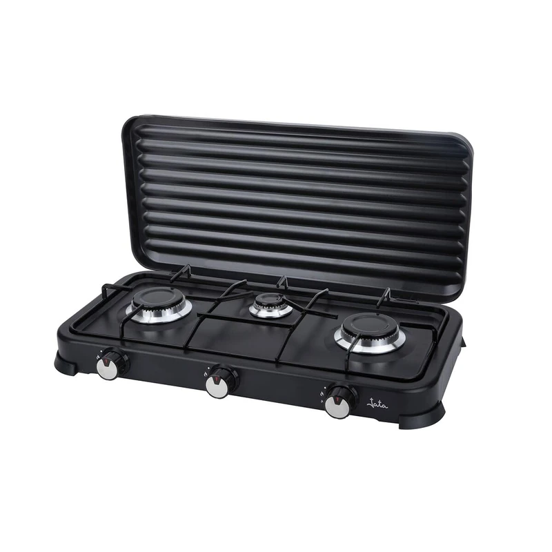 JATA JECG2703 Portable 3-Burner Gas Cooker with Grill, Butane and Propane Safe with Removable Protective Lid, Ideal for Camping