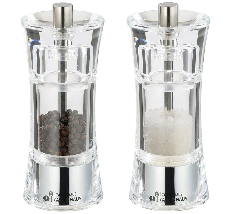 Zassenhaus Aachen Pepper and Salt Mill Set for Self-Filling Diameter 5.8 cm Height 14 cm Acrylic Container Ceramic Grinder Spice Mill Also for Other Spices
