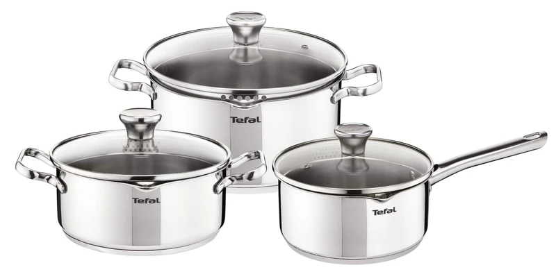Tefal Duetto Set of 6 Saucepan 16 cm Saucepan 20/24 Clever Filter Glass Lid 10 Years Stainless Steel 18/10.3 Ply, Induction A705S634, Se Référer à la Contenance sur la Fiche Produit