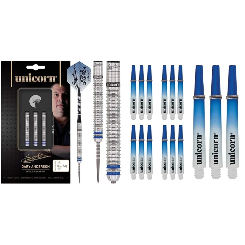 Unicorn Dart Set, Gary Anderson, Phase 3, World Champion, 90% Tungsten, Standard, Steel Tip, 23g & Gripper 3 Two-Tone Dart Shaft Stem Set, 15 Shafts, Size Medium - 44.2mm, Blue