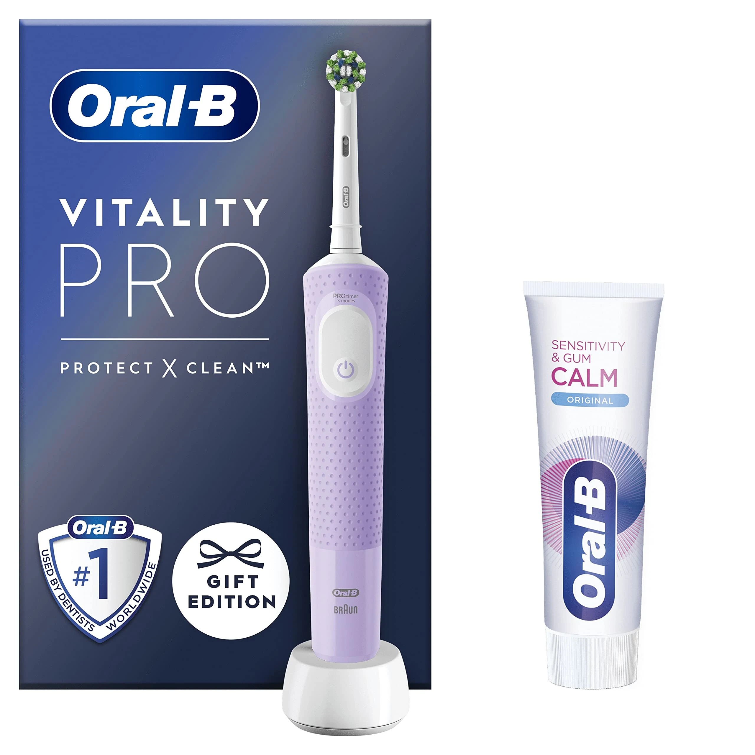 Oral-B Vitality Pro Electric Toothbrushes For Adults, 1 Handle, 1 Toothbrush Head, 3 Modes Including + Sensitivity & Gum Calm Toothpaste, 2 Pin UK Plug, Purple