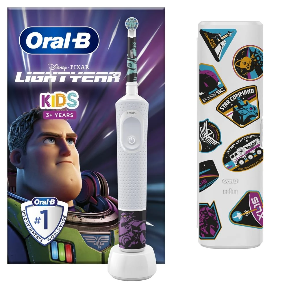 Oral-B Kids Electric Toothbrush, Christmas Gifts For Kids, 1 Toothbrush Head, Travel Case, x4 Disney Lightyear 2 Stickers, 2 Modes With Kid-Friendly Sensitive Mode, For Ages 3+, 2 Pin UK Plug, White