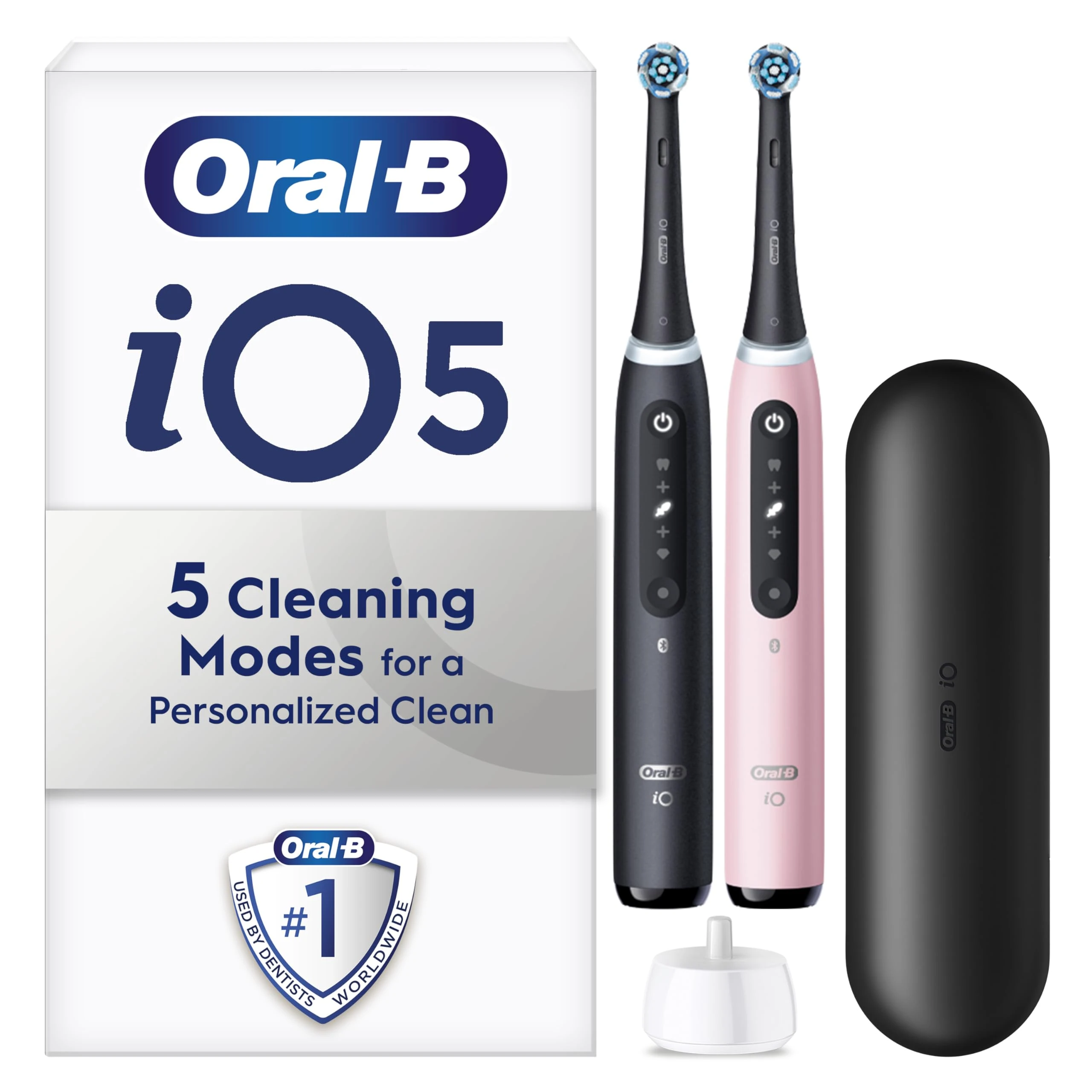 Oral-B iO5 2x Electric Toothbrushes For Adults, 2 Handles, 2 Toothbrush Heads & 1 Travel Case, 5 Modes, Teeth Whitening, UK 2 Pin Plug, Black & Pink