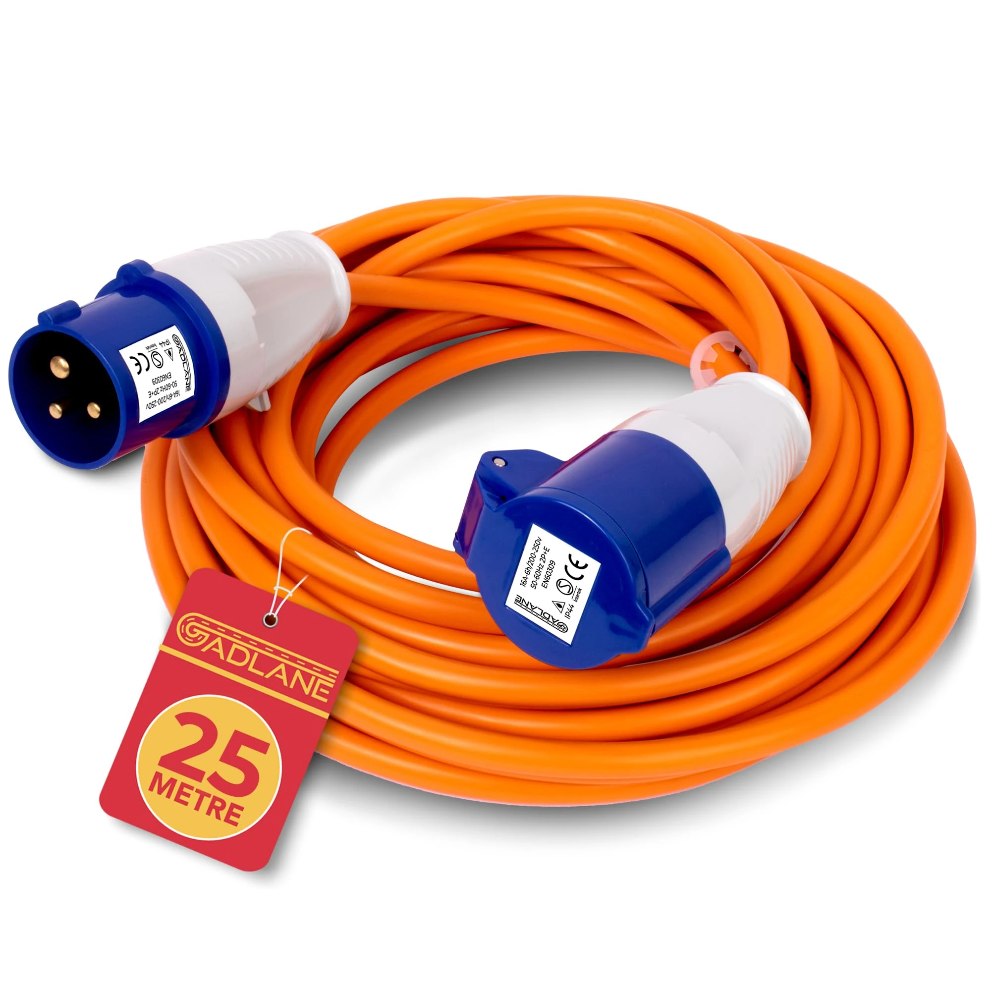 GADLANE 25M Extension Lead - Heavy Duty Caravan Hook Up Cable, 16 Amp Cable, 240V Mains Camping Extension Lead, High Visibility Orange - Ideal for Campervans & Motorhomes (25 Metres)