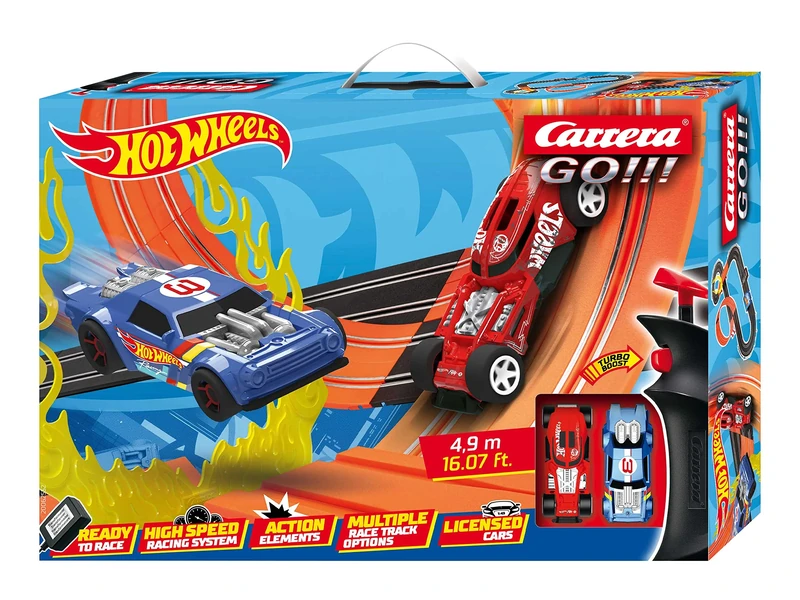 Carrera GO!!! 20062552UK Hot Wheels Race Track with Slot Cars for adults & kids I 6 years and onwards I 4.9m length I trace tracks with licensed Slotcars I up to 2 players I UK Plugin Edition
