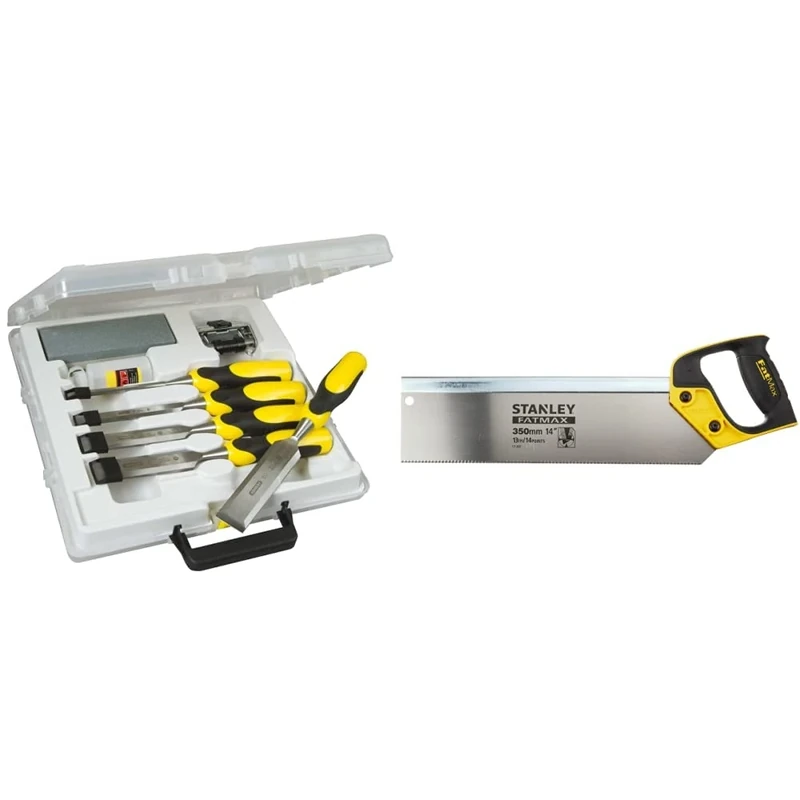 Stanley 516421 Dynagrip Chisel and Strike Cap Set with Access (5 Pieces) & Stanley 217202 14-inch 350mm FatMax Tenon/Back Saw 13tpi