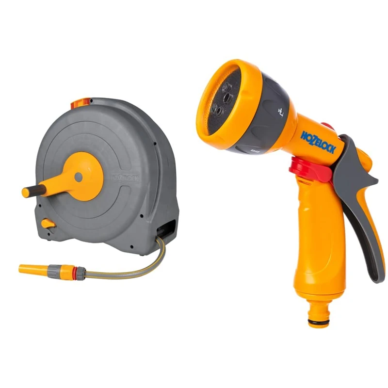 Hozelock Ltd Hozelock 2494R0000 Free Standing Fast Reel with 40m hose HZ2676P0000 Spray Gun, Multi-Colour