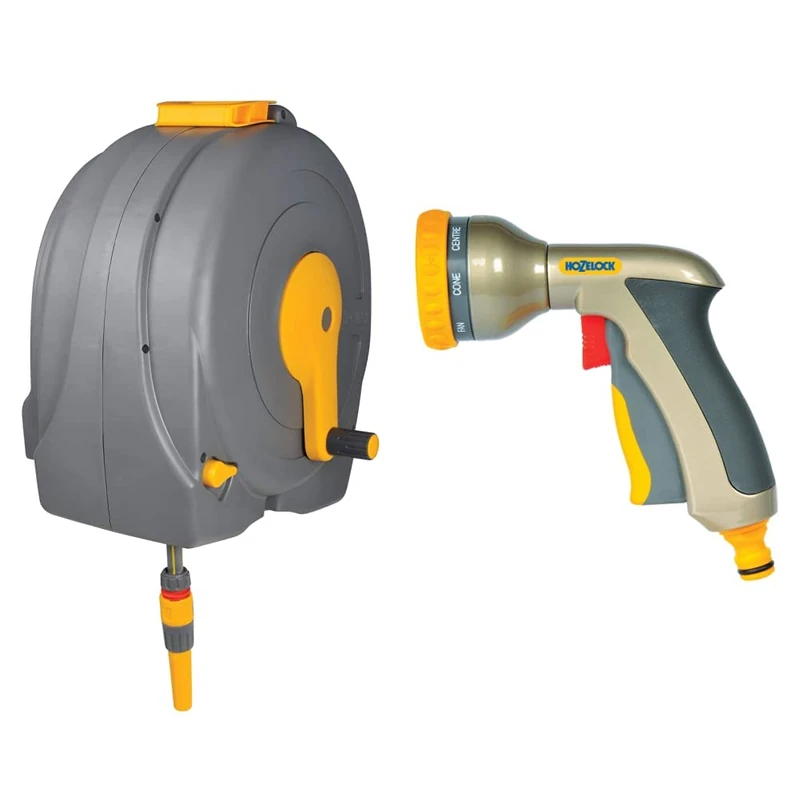 Hozelock 2496R0000 Wall Mounted Fast Reel with 40m Hose & HOZELOCK Multi Plus Spray Gun, Multicolour