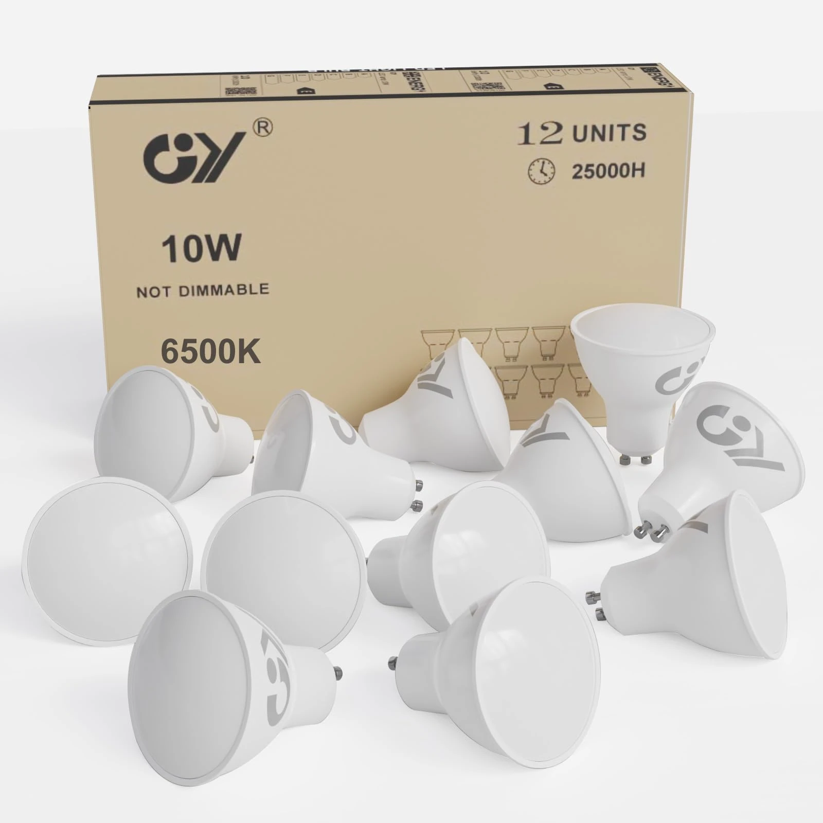 GY GU10 LED Bulbs Cool White 6500K 10W 1100lm, Energy Saving High Lumen Light Bulbs Equivalent to 100W,120° Wide Beam Non-dimmable, Pack of 12