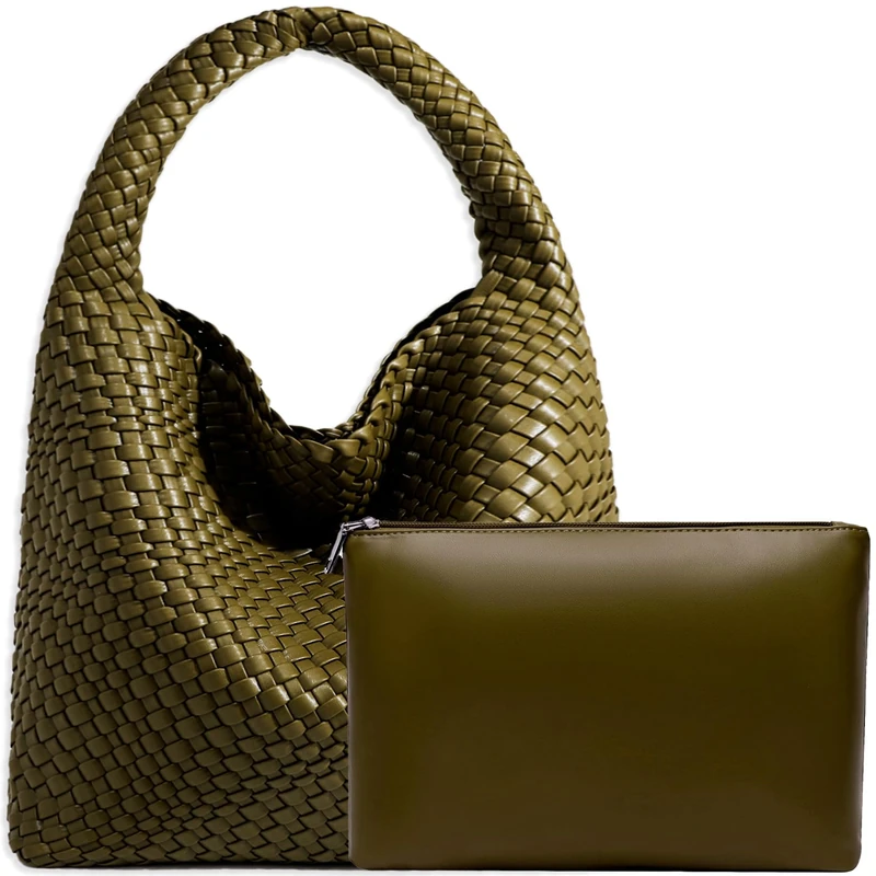 JINMANXUE Women Vegan Leather Hand-Woven Tote Handbag Fashion Shoulder Top-handle Bag All-Match Underarm Bag with Purse, Olive Green, L