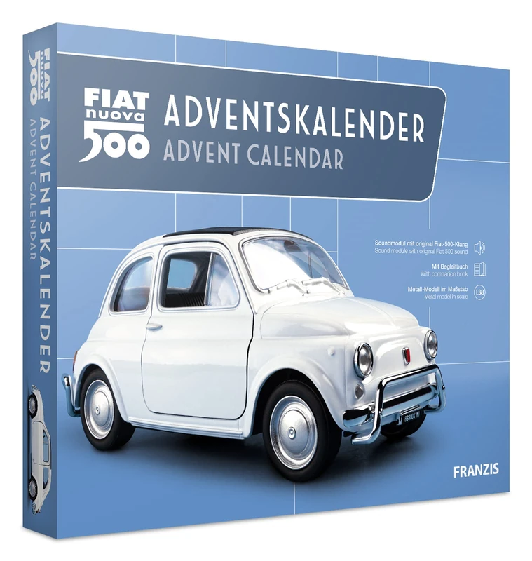 Franzis 67168 Fiat 500 Advent Calendar, Metal Model Kit in Scale 1:38, Includes Sound Module and 52-Page Accompaniment Book - Image 1