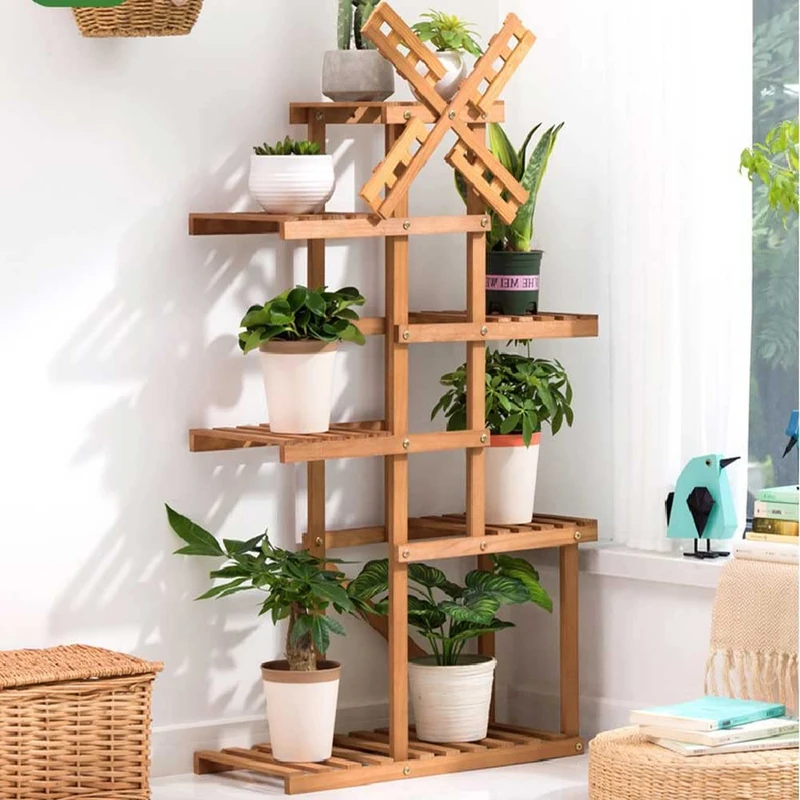 BAKAJI Shelf Plant Pots Flowers with Shelves Wooden Frame Bamboo Mobile Bookcase Shelving Multi-purpose Design Modern Natural Color Home Decor (Design 2)