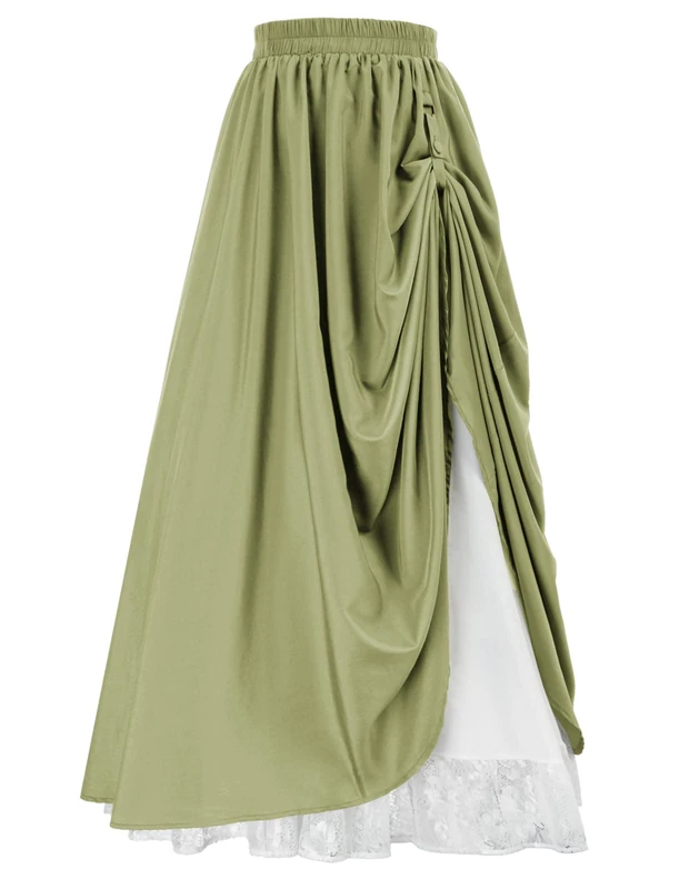 SCARLET DARKNESS Maxi Long Skirt for Women Double-Layer Victorian Renaissance Skirts, Olive Green, XXL
