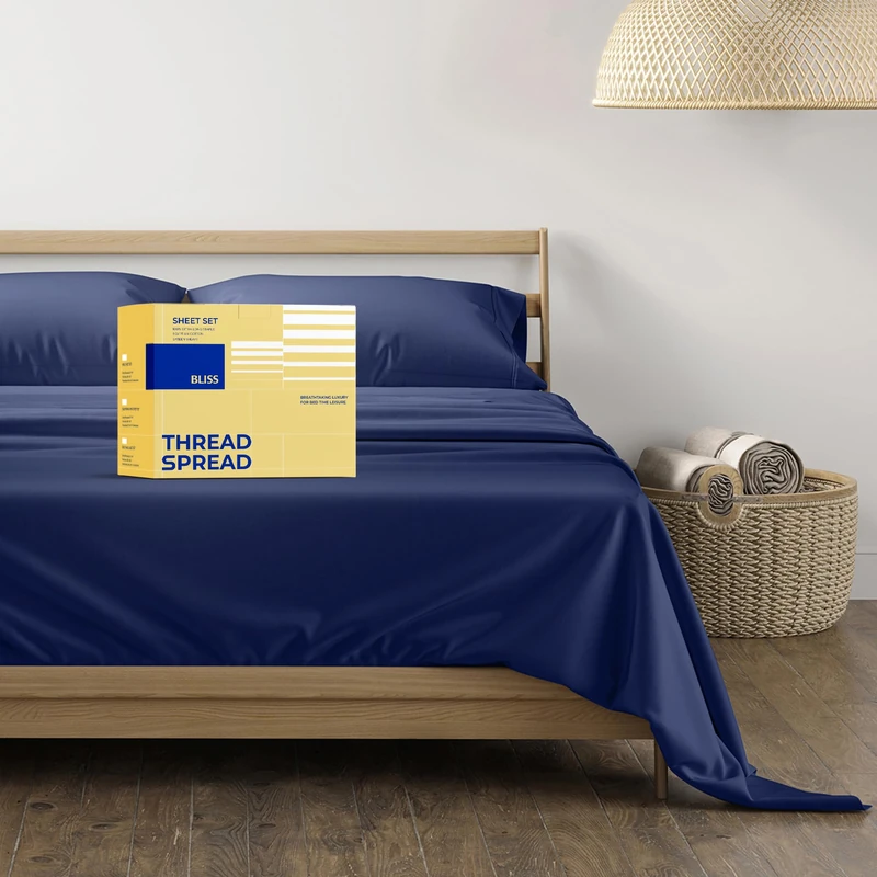 Pure Egyptian Split King Size Cotton Bed Sheets Set (King Split,600 Thread Count) Navy Blue Bedding and Pillow Cases (5 Pc) – Egyptian Cotton Sheets Split King Size Bed-Sateen Sheets-16” Deep Pocket