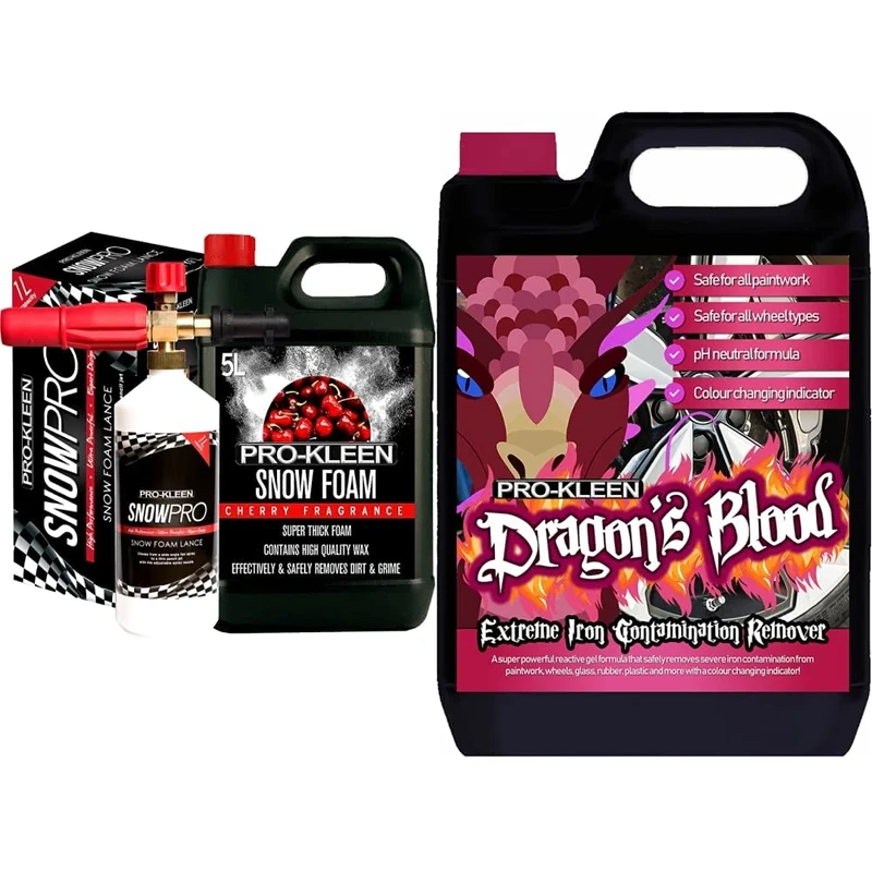 Pro-Kleen Snow Foam Karcher Lance with 5L Cherry Snow Foam & 5DB Dragon's Blood Iron Contamination Fallout Remover, pH Neutral, Fast Acting Alloy Rim Cleaner