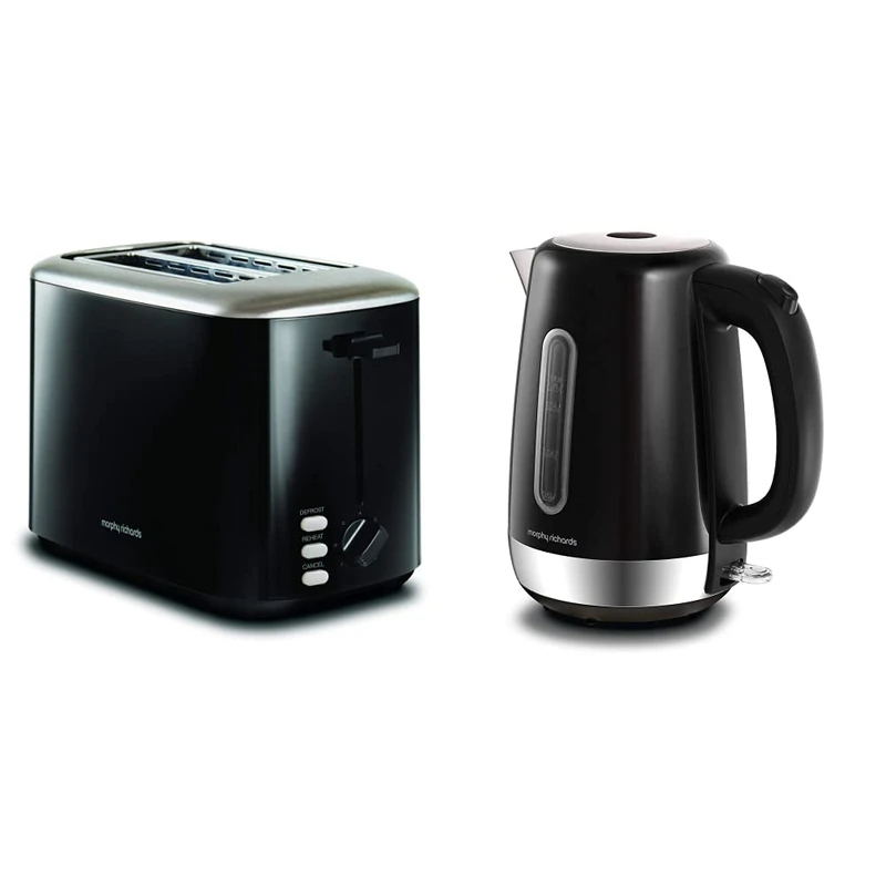 Morphy Richards Equip Kettle and Toaster Set, 1.7L Fast Boil Equip Jug Kettle, 2 Slice Variable Browning Equip Toaster, Matching Set, 3KW/800W, Black, 102783|222064