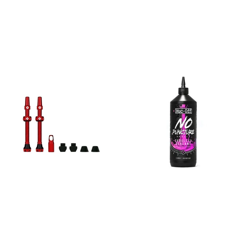 Muc-Off Red Tubeless Presta Valves, 44mm - Premium No Leak Bicycle Valves & 822 No Puncture Hassle Tubeless Sealant, 1 Litre - Advanced Bicycle Tyre Sealant