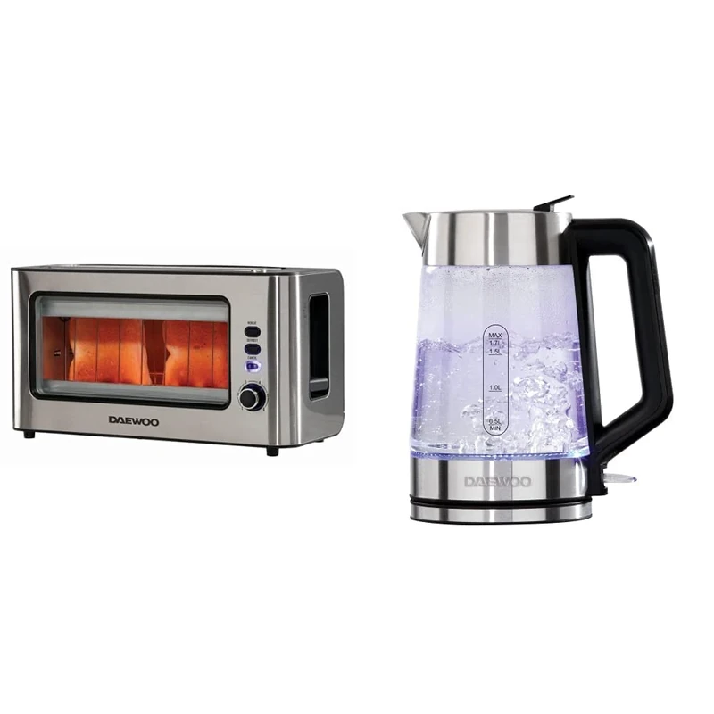 Daewoo SDA1060 Glass Toaster, 18/10 Steel, 900 W & SDA2102 1.7L 3000W Easy-Fill Kettle, 360° Swivel Base and Water Level Gauge, Built-In Safety Features for Left and Right Handed, Silver