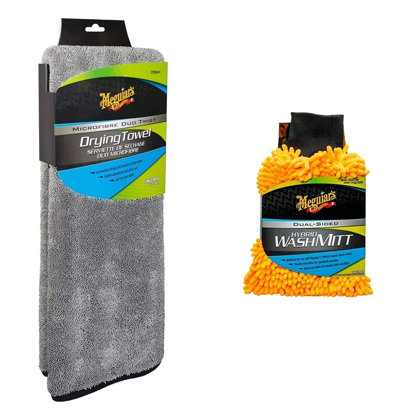 Meguiar's X210400EU Microfibre Duo Twist Car Drying Towel, 1200gsm, 50cm x 90cm & X210200EU Hybrid Microfibre Wash Mitt