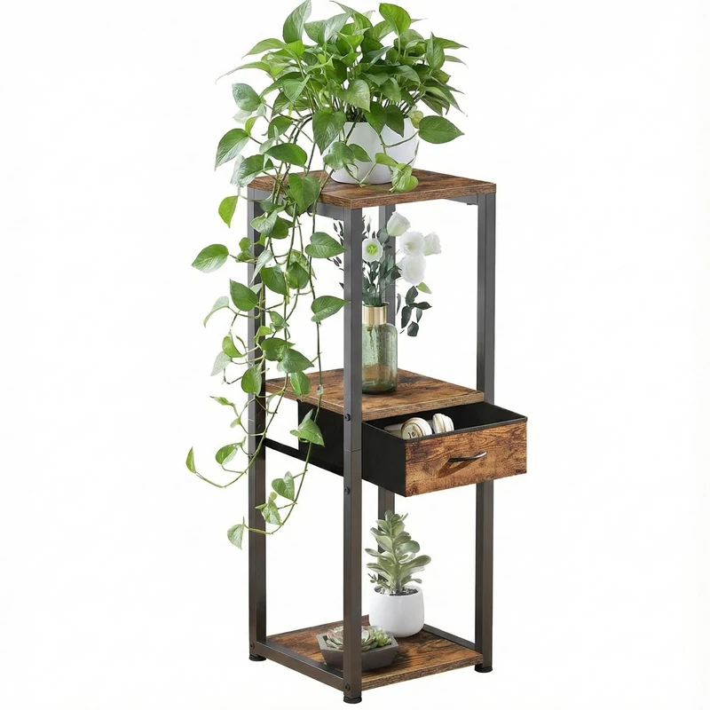 VonDream 3-Tier Plant Stand Indoor , Tall Pedestal Stand with Drawer, Tall Plant Stand for Indoor Plants Multiple, Corner Plant Table Indoor, Small Side Table for Living Room